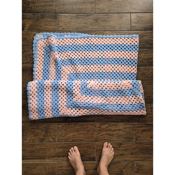 Handmade Crocheted Blue & Pink  Throw Blanket 68L X 53W Cottage  Retro - Picture 2 of 3